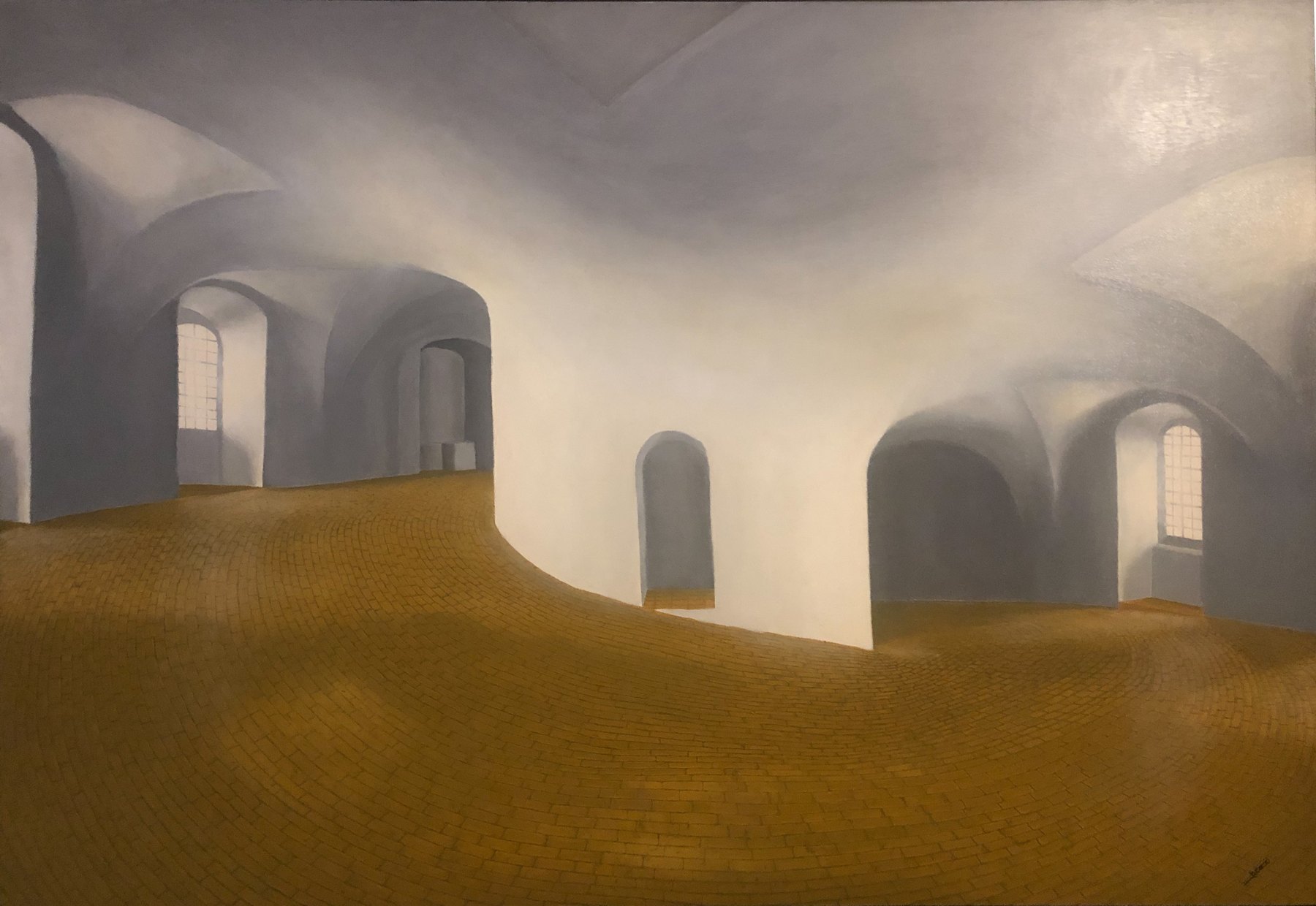 Bell Tower, a painting of bell towers in mist