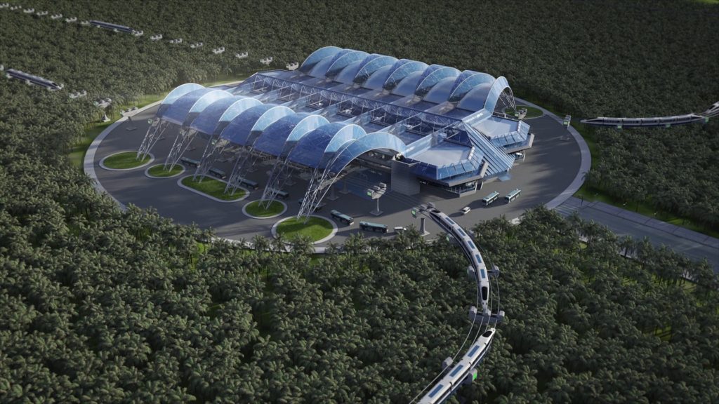 Architectural concept rendering of an elevated ETran station