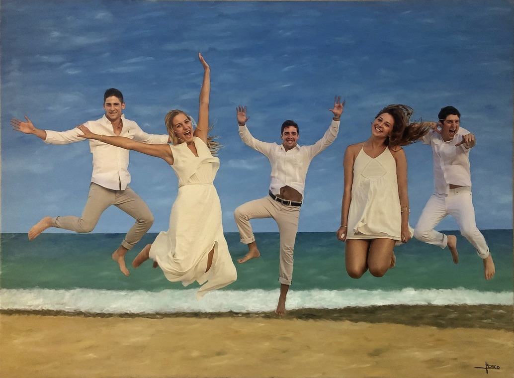 Family, a painting of five family members jumping on a beach