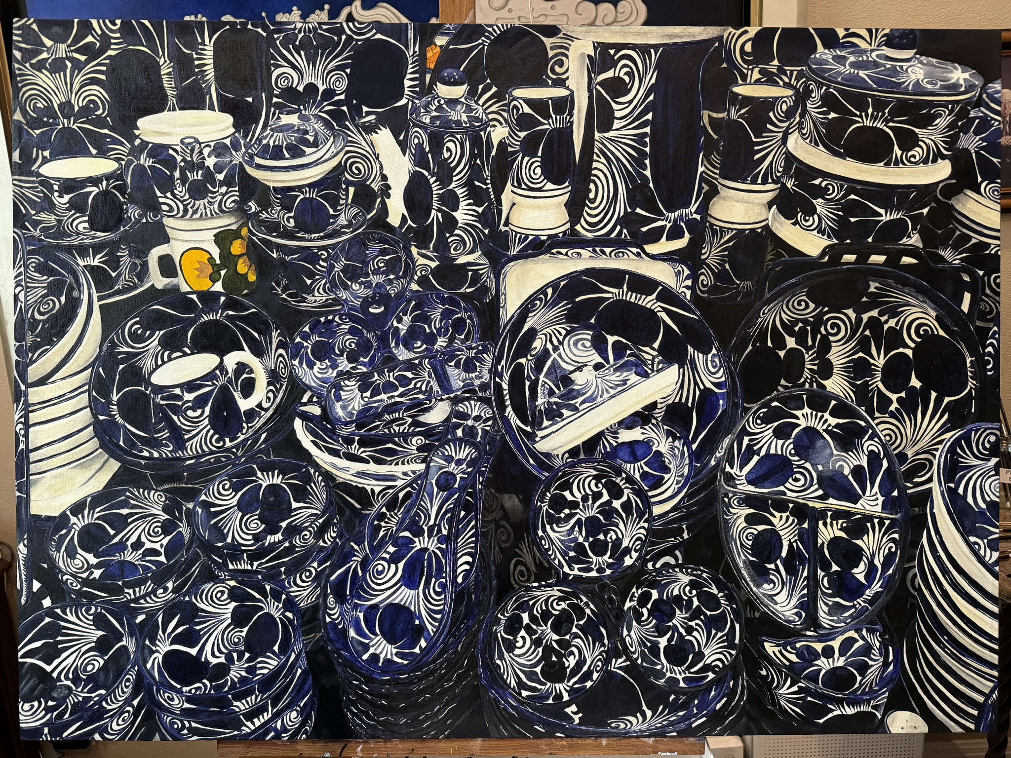 Mercado San Miguel, a painting of richly patterned blue and white pottery